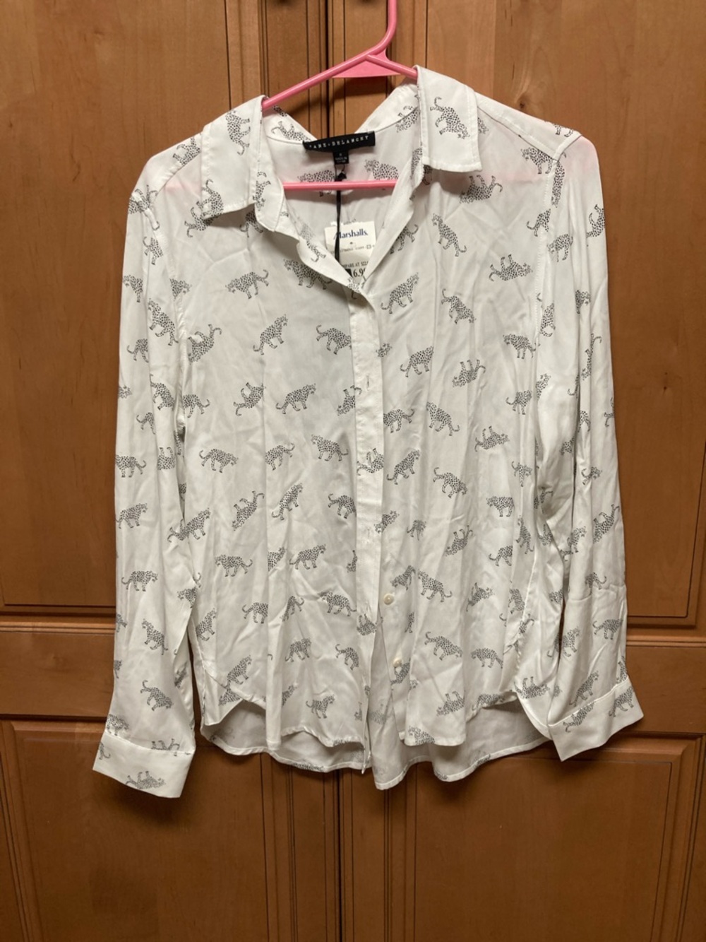 Jane and Delancey White Button-Down Shirt with Black Leopard Print
